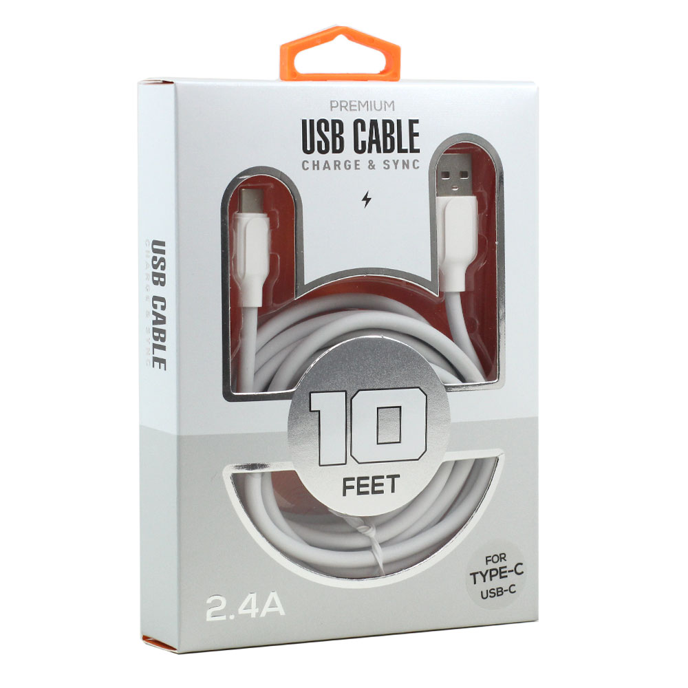 Type C / USB-C 2.4A Heavy Duty Strong Durable Charge and Sync USB Cable 10FT (White)
